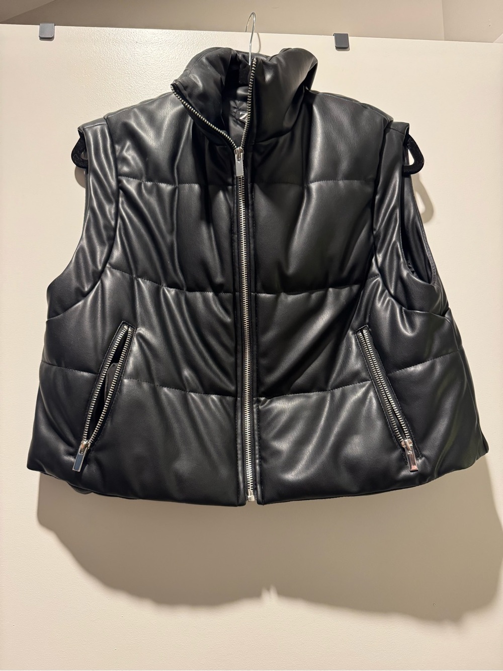 Zara Black Quilted Faux-Leather Puffer Vest with Zip Pockets
